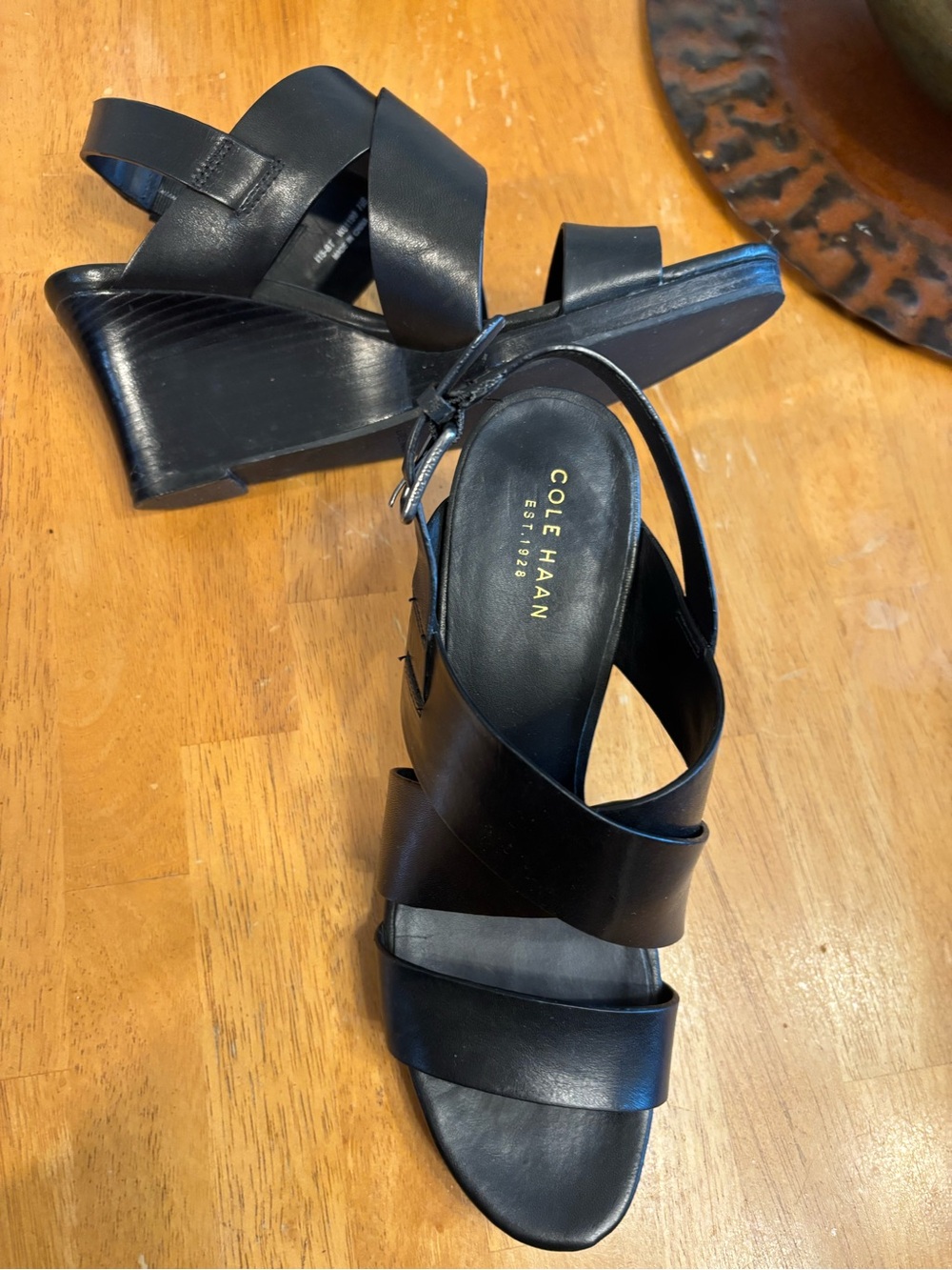 Cole Haan Black Leather Crossover Wedge Sandals